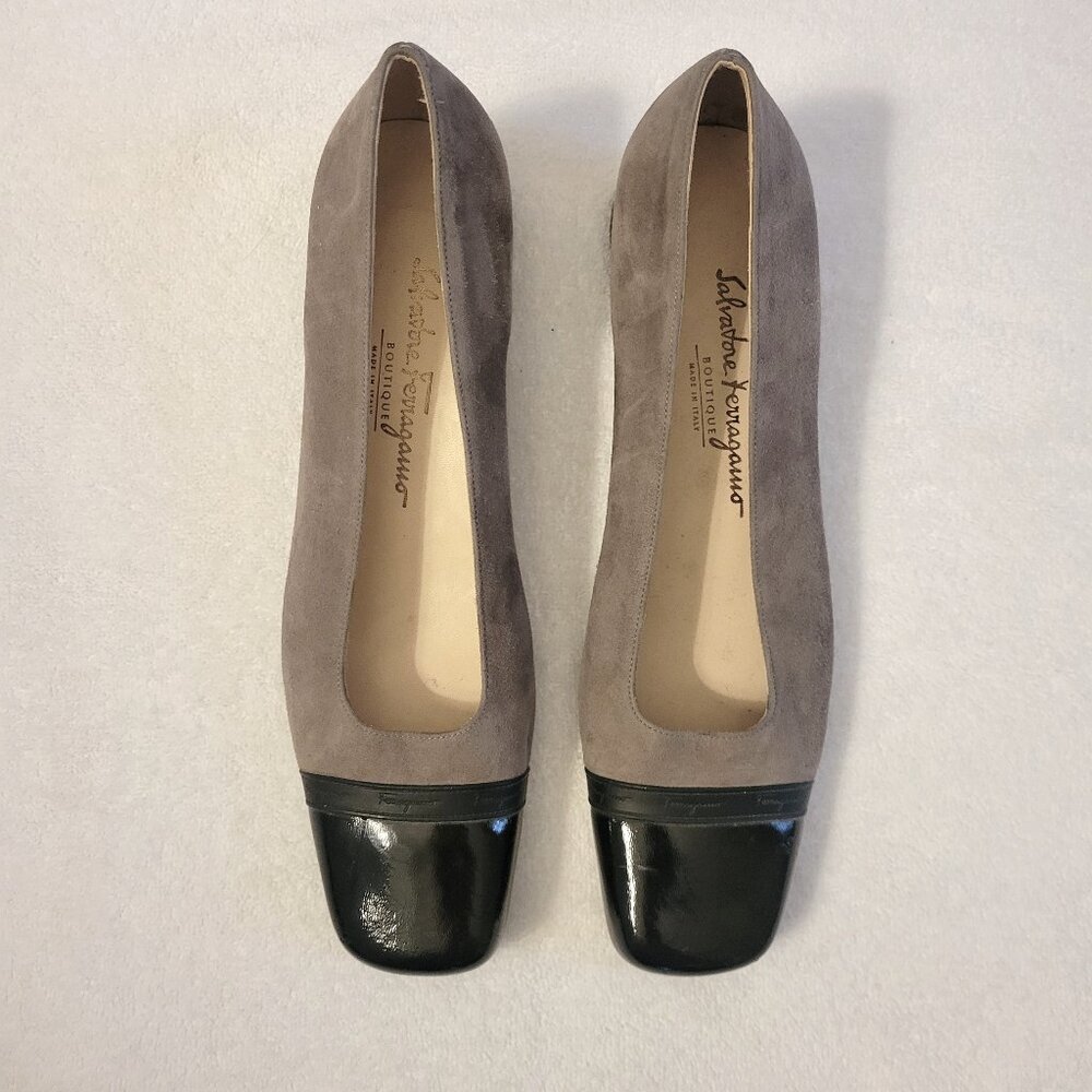 Salvatore Ferragamo Grey Suede and Black Patent Leather Pumps, Size 11 2A, New